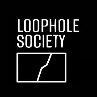 Loophole Society Loophole Society black logo on white crack symbol. Slogan: “We design ideas to share.” Below: “Quietly Iconoclastic” in minimalist font. Conceptual branding visual.